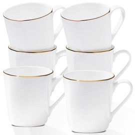 Gang Rinpoche 10 Oz White Bone China Coffee Mugs,Porcelain Tea Cups Ceramic Lightweight Set of 6, Luxury Mugs with Gold Trim for Espresso, Hot Cocoa, Cappuccino, Latte and Cold Drinks, Microwave Safe
