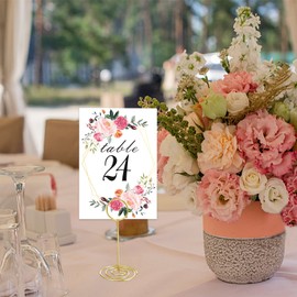 LeeLoon 26 PCS Table Number Holder - Table Card Holder Stand Wire Photo Holder with 26 Pcs Floral Table Number Cards, Place Card Holder Stand for Weddings Party Office Paper Memo Menu Note Clips