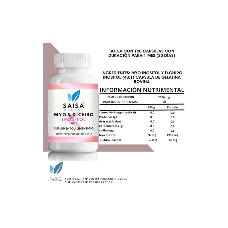 Myo Chiro Inositol 120 Cápsulas 500 Saisa Herbal