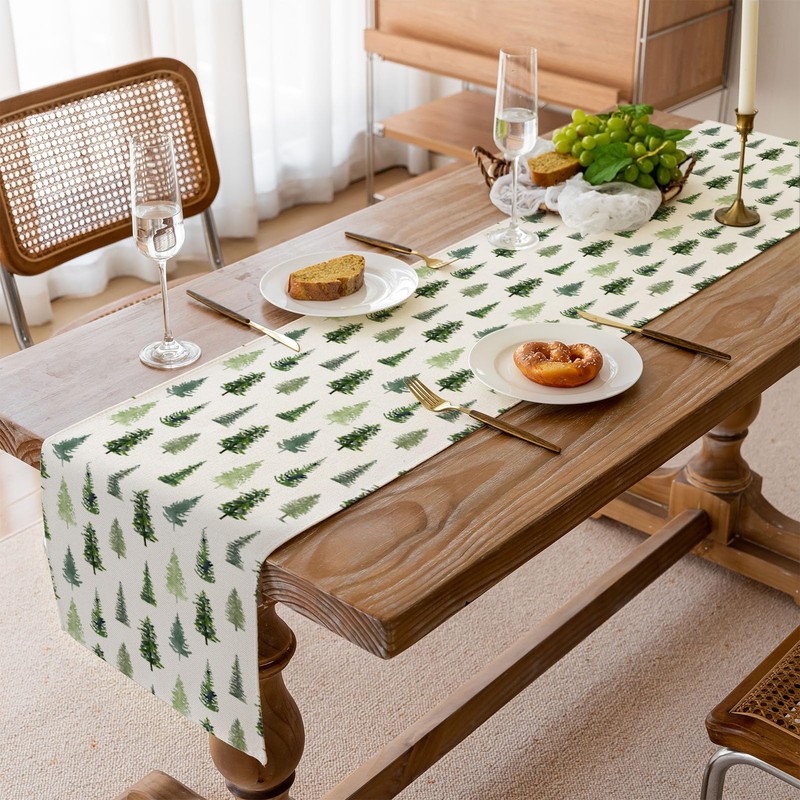 Christmas Tree Table Runner, Green Winter Kitchen Dining Table Decoration