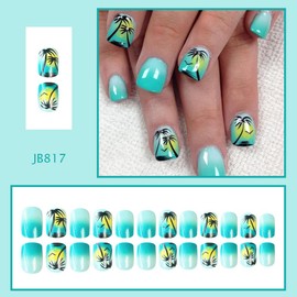 Mkwntg 24Pcs Summer Press on Nails Short Square Fake Nails Blue Gradient French Tip False Nails Black Coconut Tree Full Cover Acrylic Stick on Nails Yellow Glossy Glue on Nails for Women Manicure