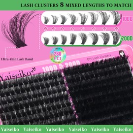 Yaiseiko Lash Clusters Kit 100D+200D Thick Volume Eyelash Clusters Kit 12-25mm Wispy Individual Lashes D Curl Long Cluster with Lash Bond and Seal Waterproof DIY Lash Extension Kit(KIT-280PCS)