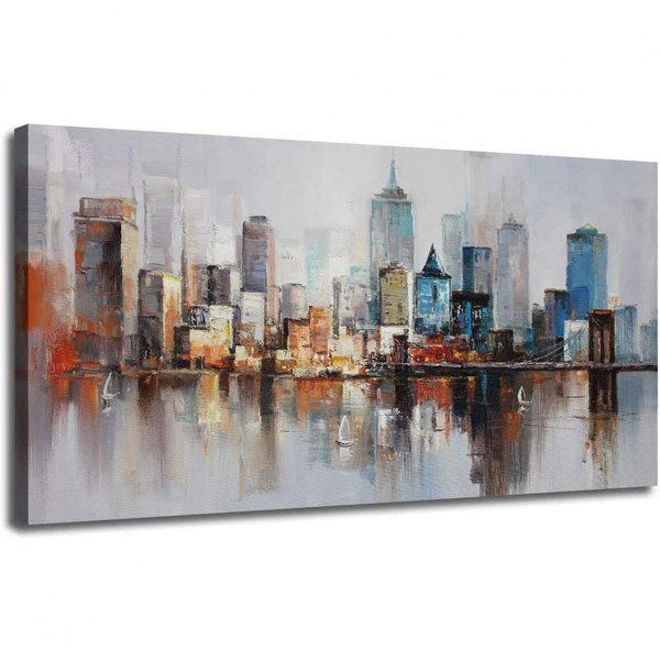 Arjun Brooklyn Bridge Wall Art Modern New York Abstract Canvas Cityscape Painting Large Framed, Colorful NYC Skyline Textured Picture for Living Room Bedroom Home Office Decor 40"x20" Original Design