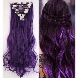 Full Head 8Pcs 18 Clips 24"-26" Clip in Hair Extensions Curly Wavy Straight Thick Clip on Synthetic Hair Extension Hairpieces 24" Curly Wavy Purple Blue