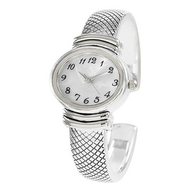 Rosemarie Collections Women's Stylish Oval Shaped Mother of Pearl Face and Textured Cuff Watch Bracelet (Silver)