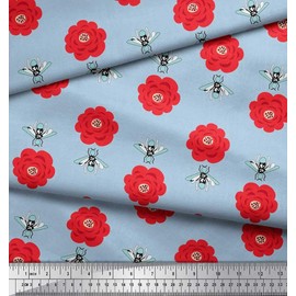 Soimoi Blue Silk Fabric Floral & Bee Insects Printed Craft Fabric BTY 42 Inch Wide