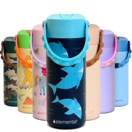 Elemental Insulated Kids Water Bottle, Stainless Steel Bottle with Straw Lid & Stress Reliever Pop-It Handle, Leak-Proof Bottles for School, Travelling and Sports, 530ml - Sharks Ahoy