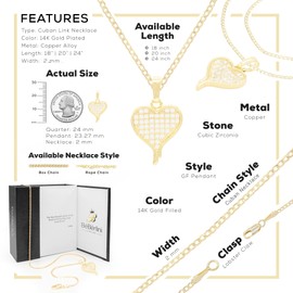 BEBERLINI Heart CZ Charms 14K Gold Filled Cuban Chain Charm Pendant Necklace Set Jewelry Women 24"