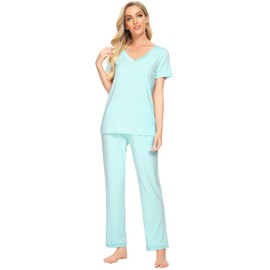 WiWi Womens Viscose from Bamboo Pajamas Set Short Sleeve Top with Pants Pjs Soft V Neck Sleepwear Lightweight S-3X, Aqua, X-Large