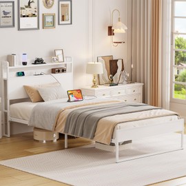 Elephance Twin Bed Frames with Charging Station and Storage Headboard, No Box Spring Needed, Noise Free, Easy Assembly