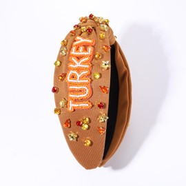 boderier Thanksgiving Headbands for Women Beaded Turkey Headband Jeweled Crystal Embellished Wide Knotted Headband Fall Holiday Hairband Hair Accessories (Letter TURKEY)