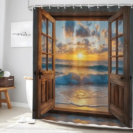 Ocean Beach Brown Wood Door Shower Curtain for Bathroom Decor Hawaiian Sunset Scenery Sea Wave Retro Barn Wooden Plank Rustic Summer Nature Art Printed Fabric Polyester with Hooks 70Wx70H Inch