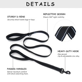 Wagtime Club Double Handle Dog Leash, 5ft Long Heavy Duty Dog Leash with Paded Traffic Handles for Extral Control and Training, Dual Handles Leads, Large Medium Small Dogs (Black)