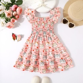 Girls Cat Summer Dress Cute Ruffle Sleeveless Pink Dresses Toddler Girl Princess Beach Sundress Summer Clothes (1580-6-7T)