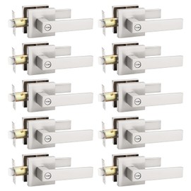 KNOBWELL 10 Pack Brushed Nickel Interior Door Handle, Privacy Door Knob with Lock Keyless Modern Square Bedroom Bathroom Door Handle(No Key)