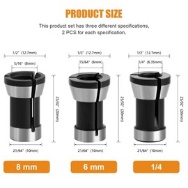 MEISO Pack of 6 Collets Adapter, Collet for Straight Grinders, 6/6.35/8 mm Replacement Collet Adapter, for Straight Grinder, Replacement Collet Cutter, Engraving Machine