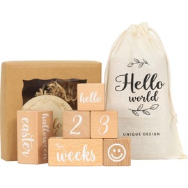 § &∞ & COCO Monthly Monthly Cards, Natural Wood Material, Gift Box Included, Wood Blocks, Baby Shower, Newborn Photo, Maternity Photo, Memorial, Growth Record, Storage Bag Included (B)