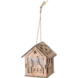 com-four® 4-Piece LED Hanging Decoration Set Made of Wood - Hanging Figure House with Lighting - Christmas Decoration for Hanging - Christmas Decoration [Selection Varies] (House - 4 Pieces)