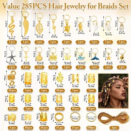 285 Piezas Oro Accesorios para Trenzas Juego de Anillos, Cuffs, Dijes y Clips Decorativos Joyería para Dreadlocks Hombre y Mujer Regalo Estilo Boho