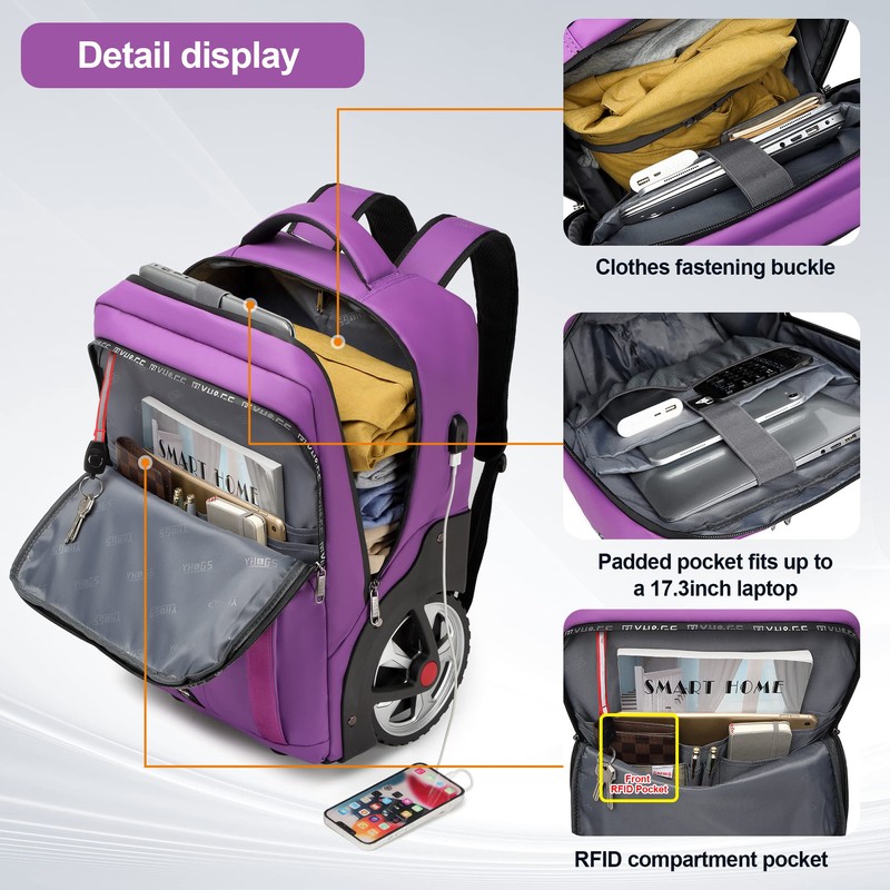 Rolling Backpack, Travel Backpack with Wheels, Rolling Backpack for Women
