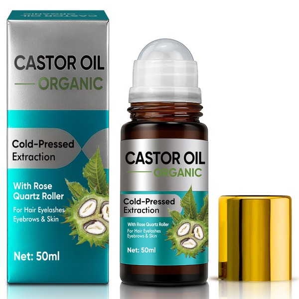 Organic Castor Oil with Rose Quartz Roller, 100% Pure Cold-Pressed