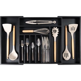 KitchenEdge Premium Silverware, Flatware and Utensil Organizer for Kitchen Drawers, Expandable 16 to 28 In Wide, 10 Compartments, Food-Safe Contract Grade Black Finish 100% Bamboo Wood