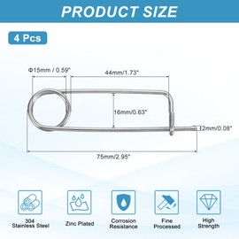 sourcing map 4pcs Stainless Steel Brooch Cotter Pins, 0.08x2.95 Inch (2x75mm) Brooch Shape Cotter Safety Spring Pin, Quick Locking Fastener for Garden, Farm, Lawn, Rectangle
