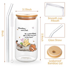 CUTALU Winnie the Pooh Cups, Winnie Cups Gifts for Women, Winnie Lovers Gifts, Cute Pooh Glass Cups, Birthday Gifts for Pooh Lovers, Glass Jar Tumbler with Bamboo Lid and Glass Straw, 16 oz