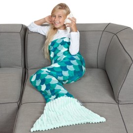Kanguru Sirena Tail Blanket, Mermaid Sleeping Bag for Kids, fluffy fleece throw, Best Gift for Girl Turquoise, length 135 cm 53 inches, Polyester, L: 142 cm