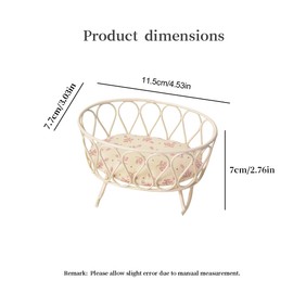 Handcrafted Iron Cradle Dollhouse Accessory with Twisted Stick Bunny – Miniature Rocking Bassinet with Floral Cushion – Perfect for Baby Dolls and Collectibles (Brown)