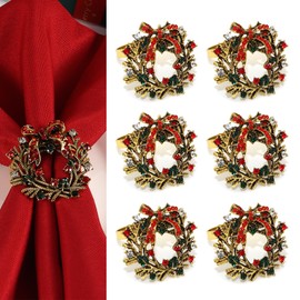 RHZXD Christmas Wreath Napkin Rings, 6 PCS Christmas Themed Napkin Holder Napkin Buckles for Xmas Holiday Wedding Party Dinner Table Decoration