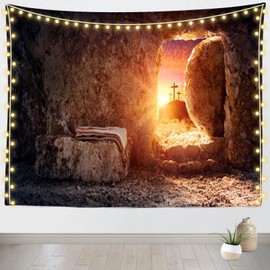 CORFOTO 92x70 Inch Fabric Jesus Cross Tomb Sunrise Tapestry Resurrection of Jesus Wall Hanging Christian Easter Tapestry for Bedroom Aesthetic Living Room College Dorm Decor Wallpaper