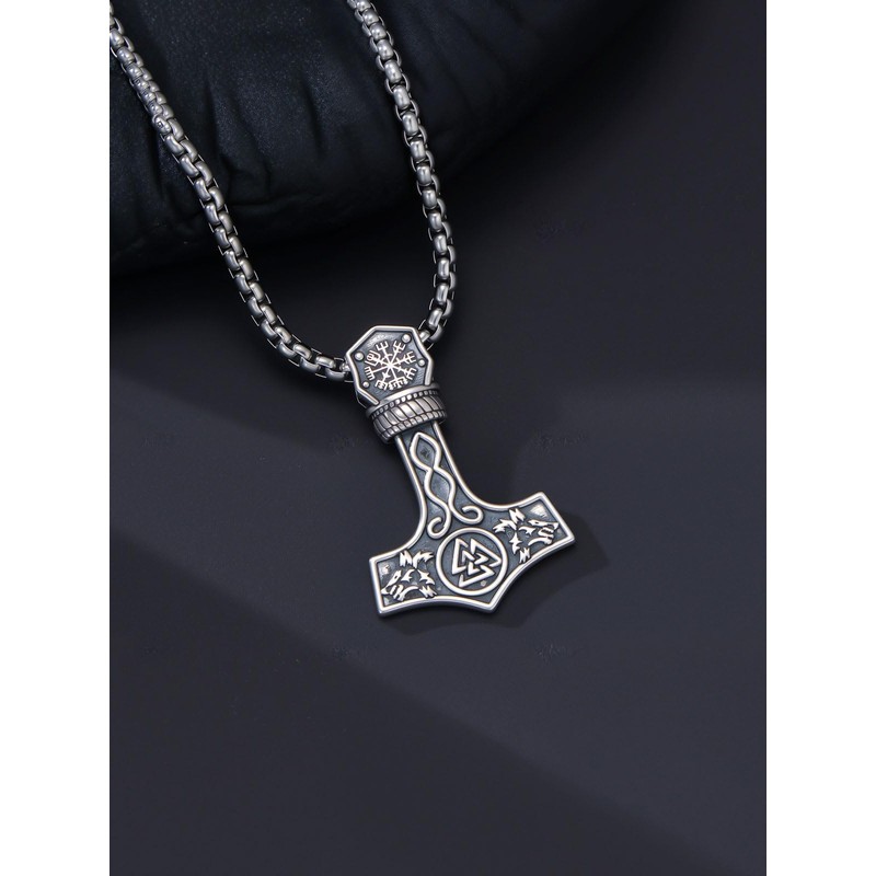 Cargari Thor Hammer Necklace Sterling Silver Mjolnir Pendant Viking Runes