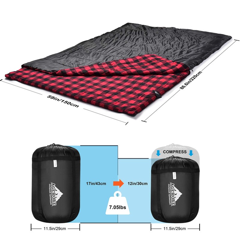 AGEMORE Cotton Flannel Double Sleeping Bag for Camping, Backpacking Or