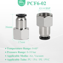 EFUTURETIME Pneumatic Connector 6 mm Pneumatic Connector G1/4 BSP Female Thread PCF6-02 Pneumatic Hose Adapter with Teflon Tape for Air Hose Pack of 10
