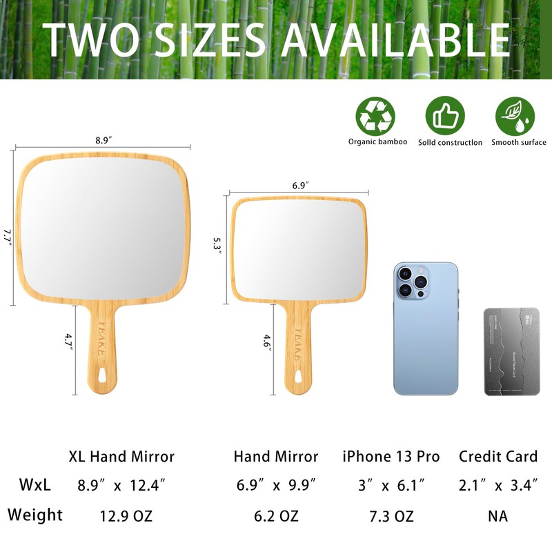 YEAKE Hand Mirror,Extra Large Natural Bamboo Handheld Mirror with Handle,
