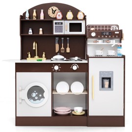 Costzon Kids Kitchen Playset, Wooden Pretend Play Kitchen with Coffee Maker, Ice Maker, Microwave, Washing Machine, Dish Rack, Stoves, Sink, Accessories, Toddler Toy Kitchen, Gift for Ages 3+ (Brown)