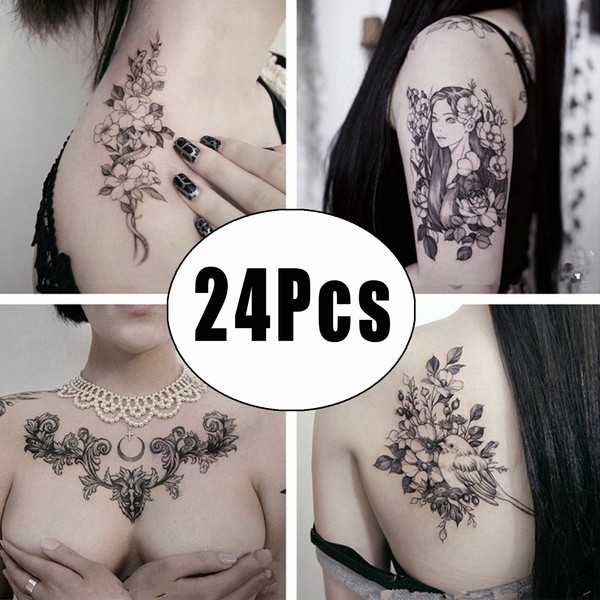 DaLin Sexy Floral Temporary Tattoos for Men Women Black Flowers 24Pcs Collection - Individual Styles Available