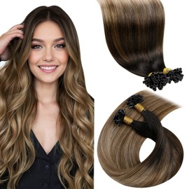 LaaVoo Utip Fusion Huamn Hair Extensions for Women Real Human Hair Brown 18inch LaaVoo Pre Bonded Nail Tip Hair Extensions Balayage Dark Brown to Medium Brown and Ash Blonde Fusion Hair Extensions 50g 1g/s