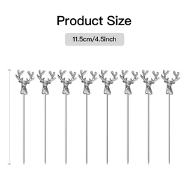 Mewuthede Cocktail Picks,8 Piece Stainless Steel Deer Head Shape Martini Picks Reusable Toothpicks Fruit Picks for Olives, Appetizer, Sandwiches, Cherries (Ancient silver)