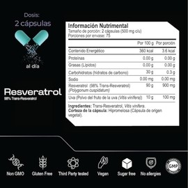 ETERNAL NUTRITION Ultra Pure: Trans-Resveratrol 98% Polifenoles (150 Caps)