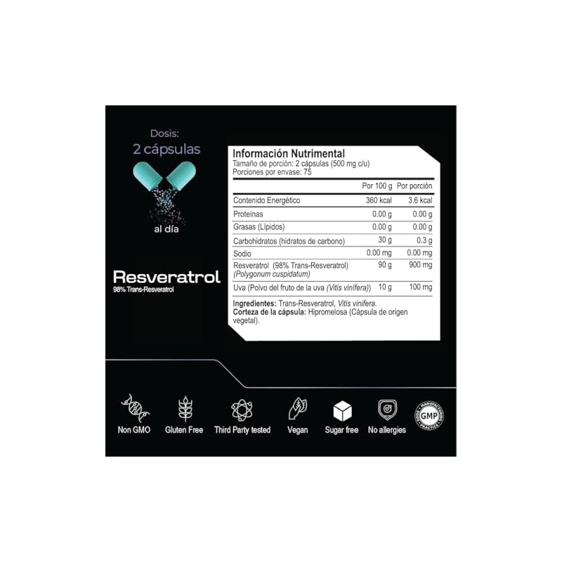 ETERNAL NUTRITION Ultra Pure: Trans-Resveratrol 98% Polifenoles (150 Caps)