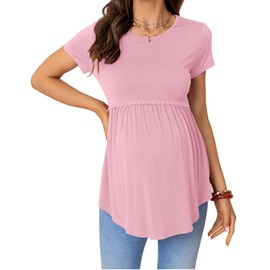 YOGOLAI Women's Maternity T Shirts Short Sleeve Casual Basic Pregnancy Blouse Top, Pink, XL