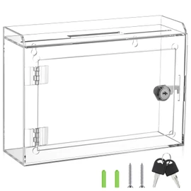 Juexica Clear Suggestion Box with Lock and Slot, Safe Acrylic Key Box for Money, Wall Mounted Small Locking Mailbox Ballot Donation for Office, 9.8" W x 3" D x 7" H