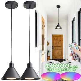 SlHYFMO Battery Operated Pendant Light Set of 2, RGB Color Changing Rechargeable Hanging Light with Remote Up to 50 Hours Use, Vintage Pendant Light No Wiring for Bedroom Living Room(Black)