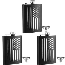 Chengu 3 Pcs American Flag Hip Flask for Liquor for Men Women 8 oz Includes Funnel Leak Proof Stainless Steel Black Pocket Hip Flask Gift Idea for Veterans