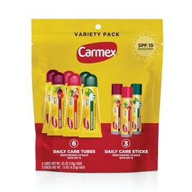 Carmex- Una bolsa con 9 unidades de bálsamo labial humectante con protector solar Carmex Daily Care, que incluye bálsamo labial de Wintergreen, Fresh 