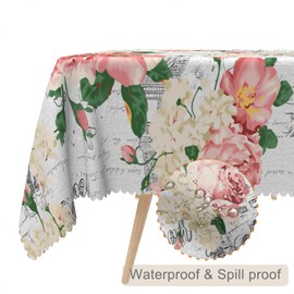 TTQYFNM 70x90inches Floral Rectangle Tablecloth Pink Peony Flowers Vintage Paris Street Eiffel Tower Printed Table Cloth Washable Reusable Table Cover for Dinning Kitchen Patio Indoor Outdoor Party