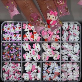 12 Grids Pink Themed Cartoon Nail Charms, Kawaii Cat Charms for DIY Nail Art & Junk Cases Accessories