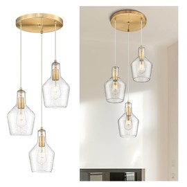 Emliviar Brushed Gold Pendant Light, 3-Light Seeded Glass Chandelier, Modern Pendant Lights for Kitchen Island, DYE286G2-3 BG